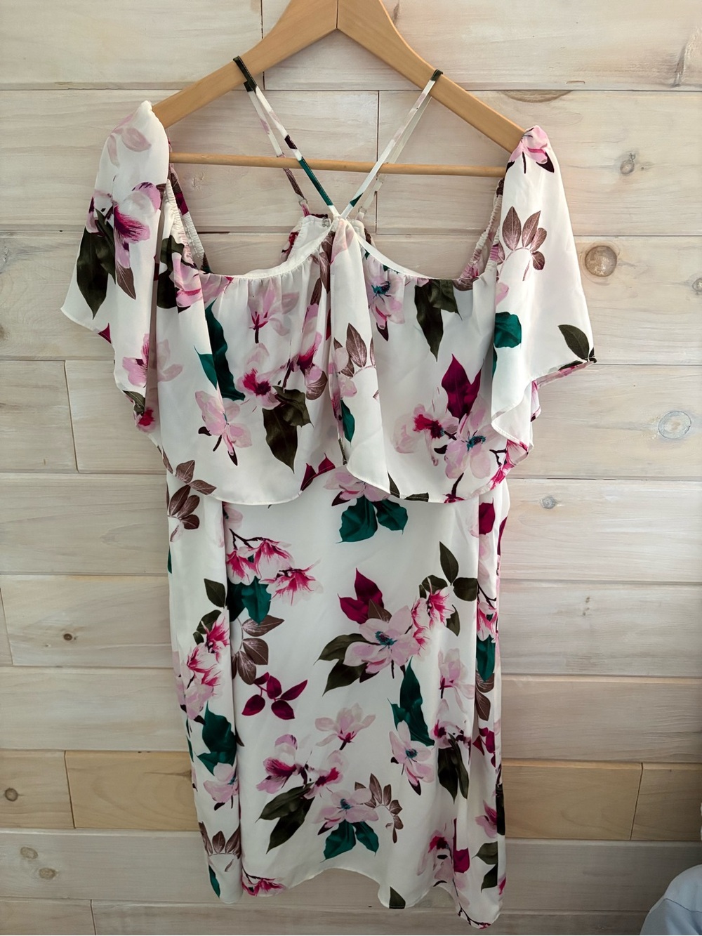 Off-Shoulder Floral Sundress in White with Pink & Green Motif